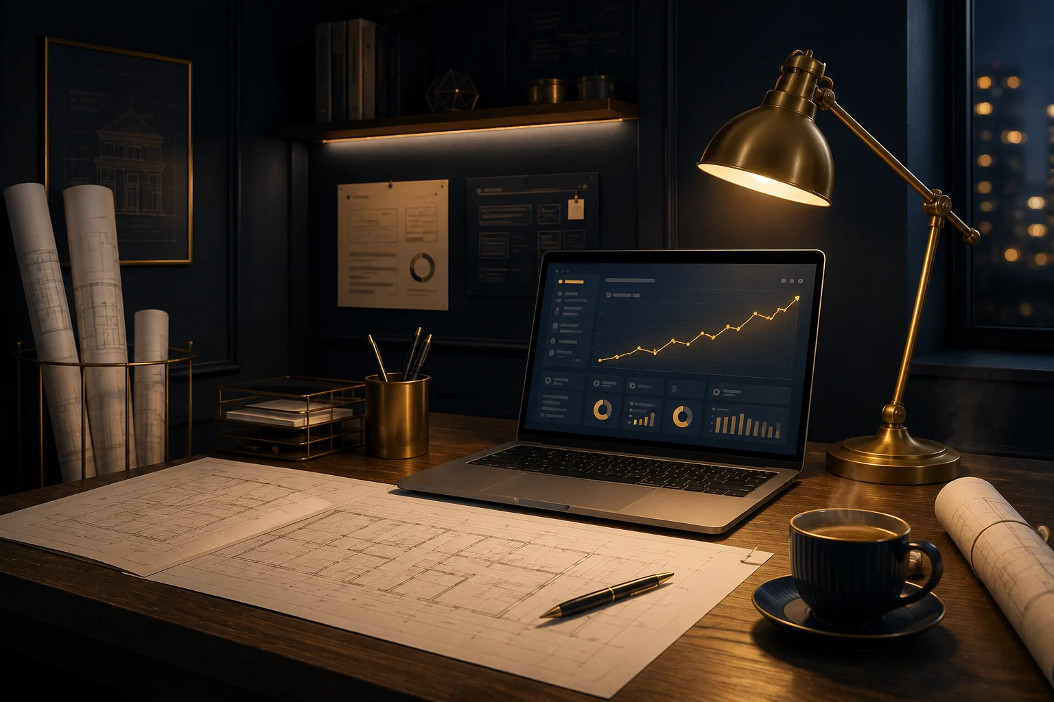 The Digital Architect studio at night — drafting desk, blueprints, and a glowing analytics screen