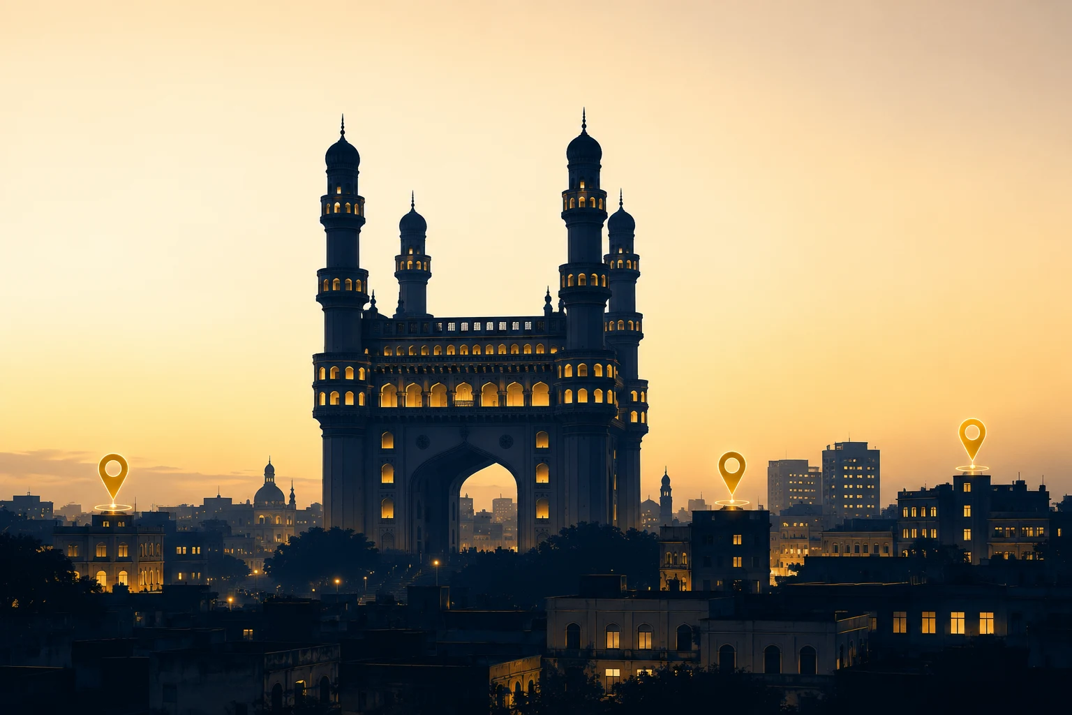 Charminar at dusk with gold-lit buildings and map pins across the Hyderabad skyline